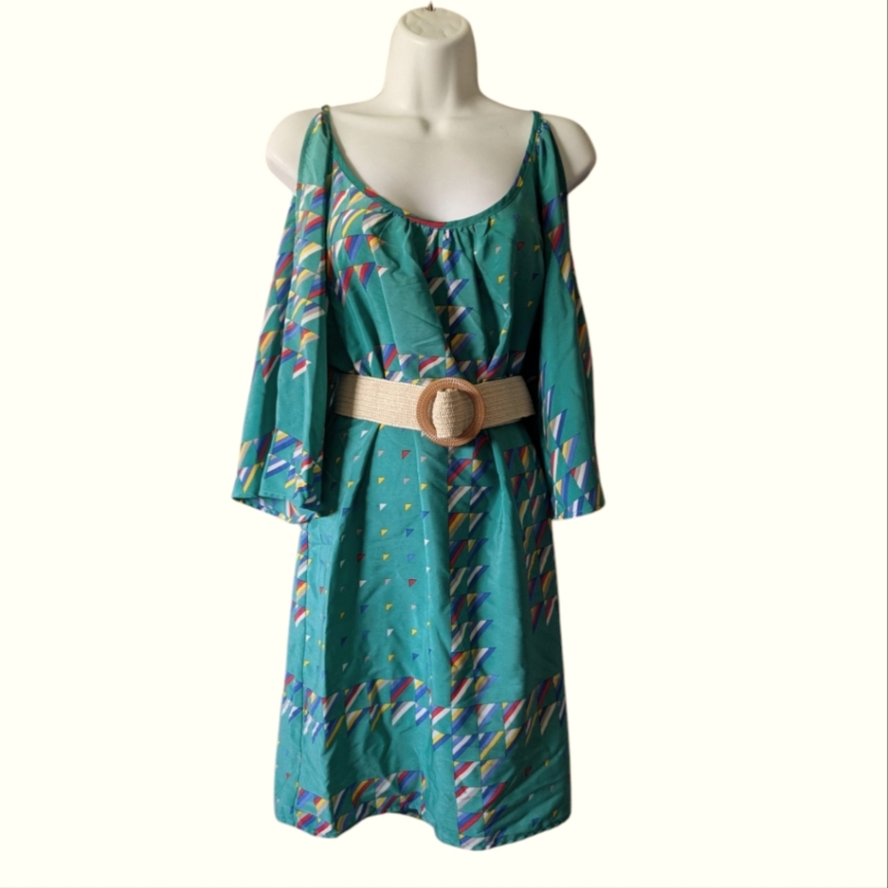 Glam On or Off the Shoulder Colorful Geometric Print Shift Dress Sz. L
